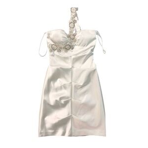 Cache Ivory Pearl Ruched Dress Satin Single Strap Beaded Bridal Engagement Sz 4